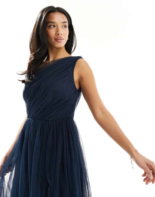 Anaya Petite - Vestito lungo per damigella monospalla in tulle color blu navy, 4 di 4