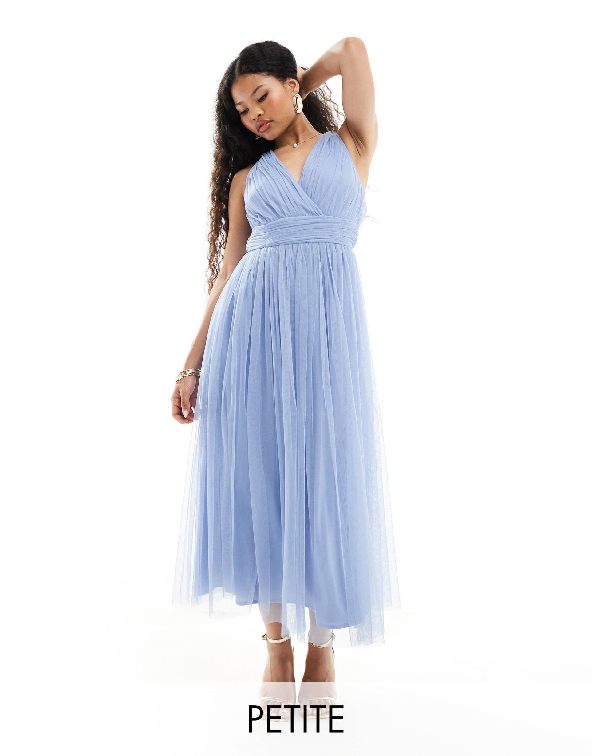 anaya petite wrap front open back midaxi dress in soft blue