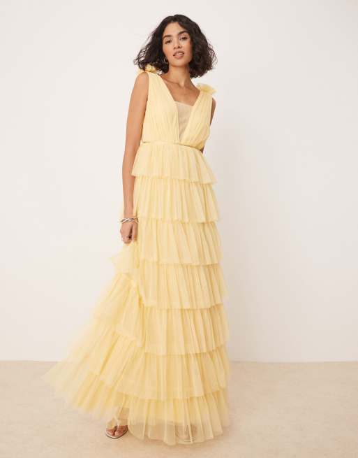 Anaya Plunge front tiered maxi dress in pale yellow