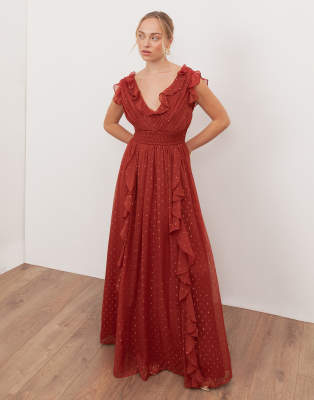 Anaya Plunge neck waterfall ruffle maxi dress in chilli red | ASOS