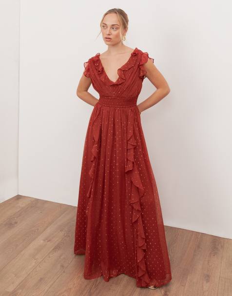 Anaya Plunge neck waterfall ruffle maxi dress in chilli red