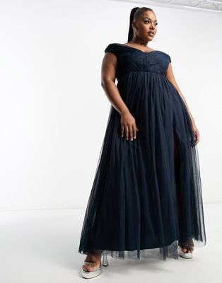 Anaya Plus bardot maxi tulle dress with split in navy - ASOS Price Checker