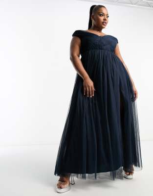 Anaya Plus Bardot Maxi Tulle Dress With Split In Navy