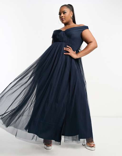 Navy bardot hot sale maxi dress