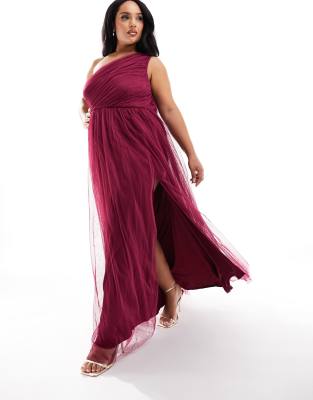 Anaya Plus Anaya Plus Bridesmaid tulle one shoulder maxi dress in berry-Red