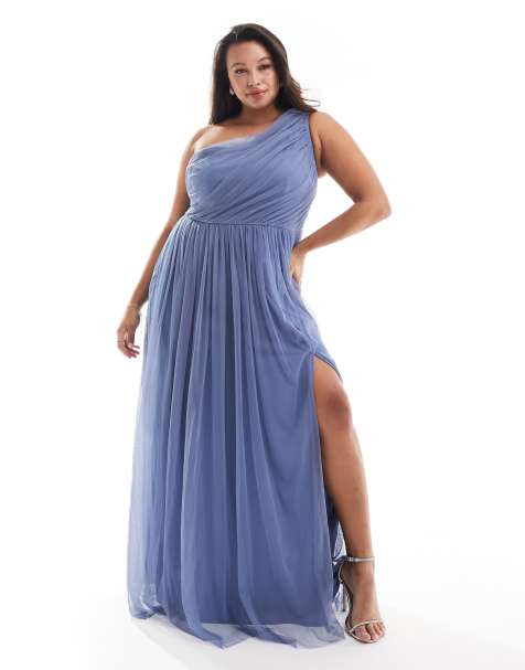 Anaya Plus Bridesmaid tulle one shoulder maxi dress in blue - view 1