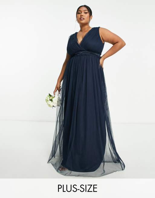 Anaya Plus Bridesmaid v neck ruffle waist maxi dress navy blue