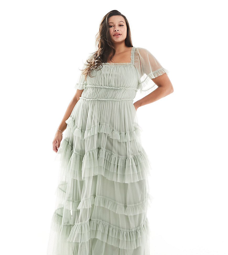 Anaya Plus Bridesmaids statement tiered maxi dress in sage-Green