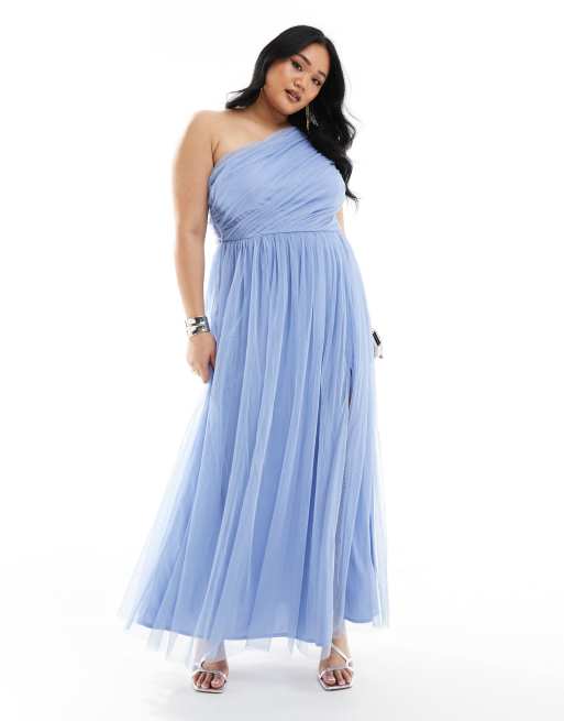 Anaya Plus - Brudepiger - Lyseblå oneshoulder-maxikjole i tyl