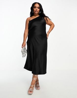 Anaya Plus one shoulder midi dress in black - ASOS Price Checker