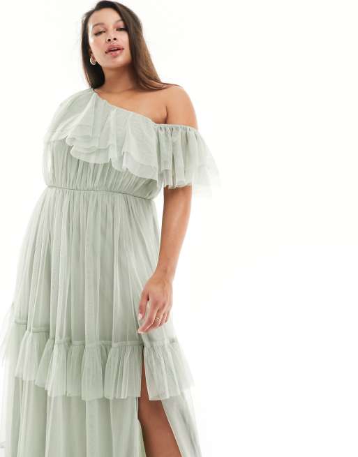 Anaya Plus – Szałwiowa ślubna tiulowa sukienka maxi premium z dekoltem bandeau