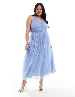 wrap front open back midaxi dress in soft blue