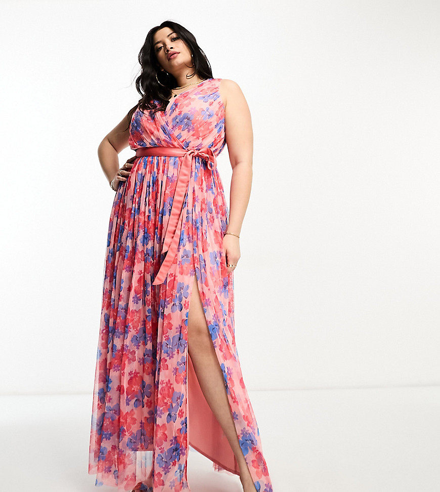 Anaya Plus Wrap Front Tulle Maxi Dress In Multi Floral