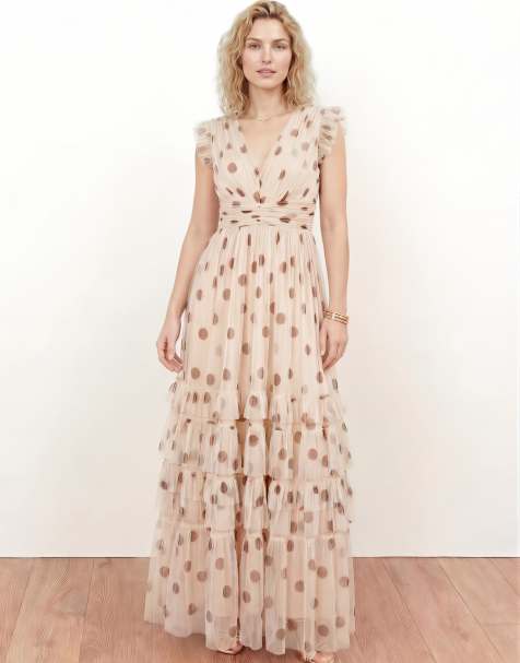 Anaya Polka dot flutter sleeve ruffle maxi dress in cream - view 1