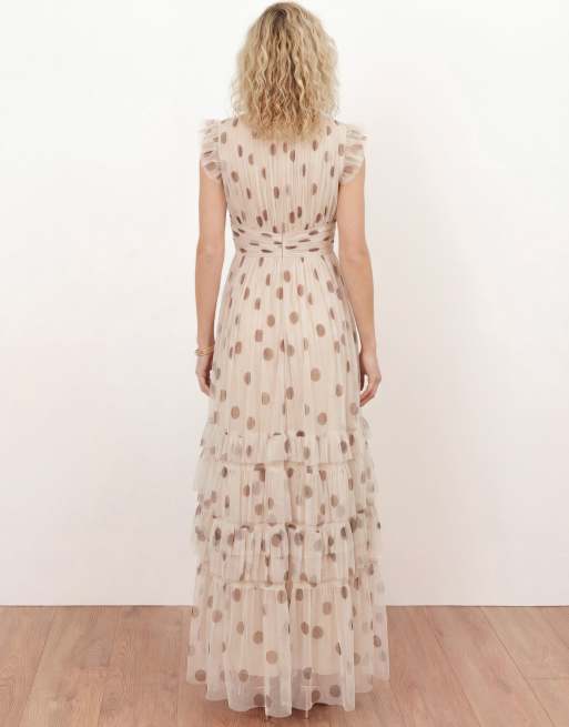 Anaya Polka dot flutter sleeve ruffle maxi dress in cream, 4 of 4
