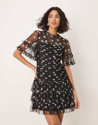 asos Anaya Polka dot gathered mini dress in black