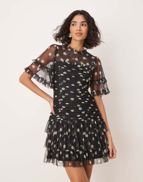 Anaya Polka dot gathered mini dress in black - view 1