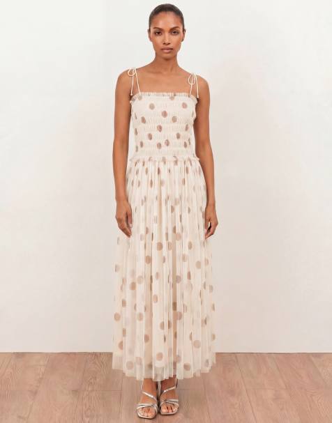 Anaya Polka dot shirred self-tie cami midi dress in cream - view 1