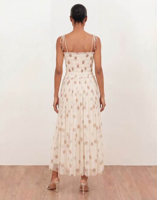 Anaya Polka dot shirred self-tie cami midi dress in cream, 3 of 4