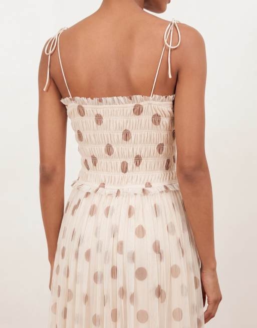 Anaya Polka dot shirred self-tie cami midi dress in cream, 4 of 4