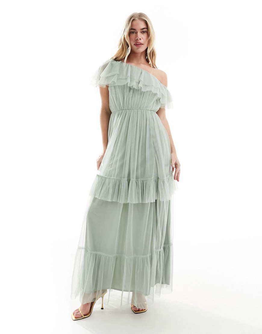 Anaya Premium Bridesmaid Bandeau Tulle Maxi Dress Sage-green In Gray