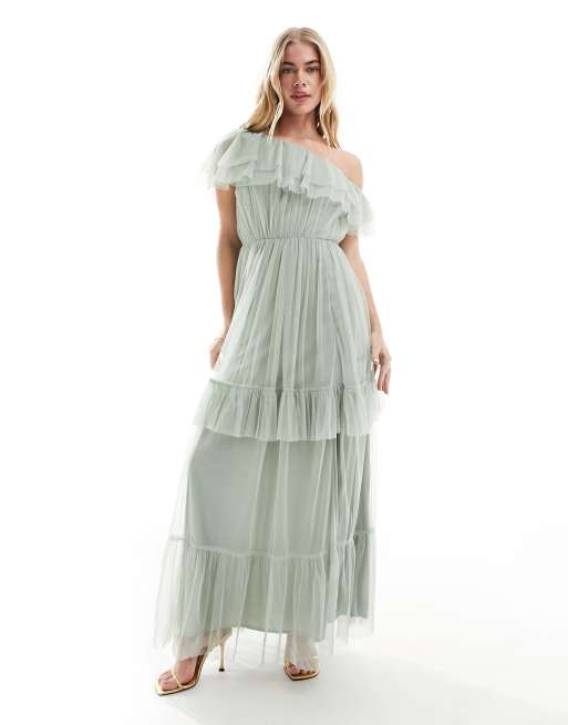 Anaya - Premium - Bruidsmeisjes - Maxi bandeau-jurk van tule in saliegroen