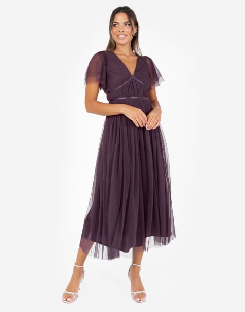 Anaya Ribbon detail midi dress in fig