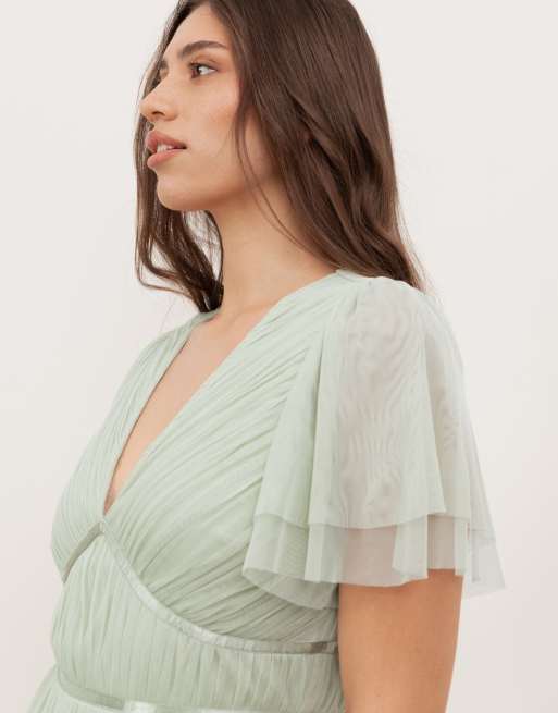 Anaya Ribbon detail midi dress in soft sage, 2 of 4
