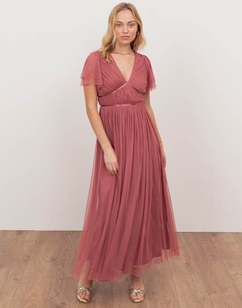 Anaya Ribbon detail v neck short sleeve midi dress in faded rose