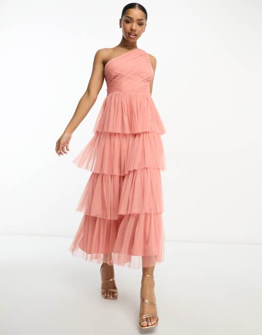 Anaya - Robe asymétrique longueur mollet à volants étagés - Corail