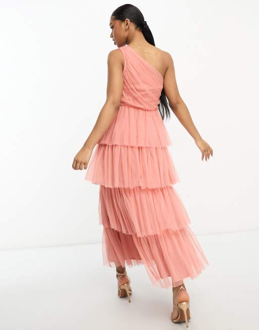 Anaya - Robe asymétrique longueur mollet à volants étagés - Corail, 2 de 4