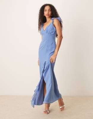 Anaya - Robe longue à bretelles fines et col V - Bleu océan