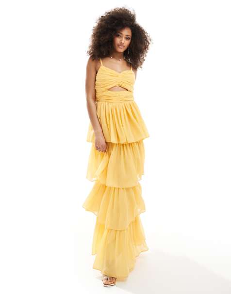 Anaya - Robe longue à volants étagés avec découpe - Jaune souci - view 1