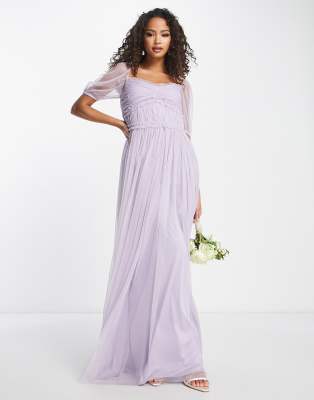 Anaya - Robe longue de demoiselle d'honneur à manches bouffantes - Lilas - view 1