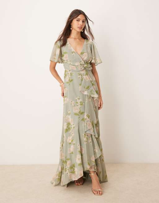 Anaya - Robe longue de demoiselle d'honneur avec détail croisé - Vert sauge