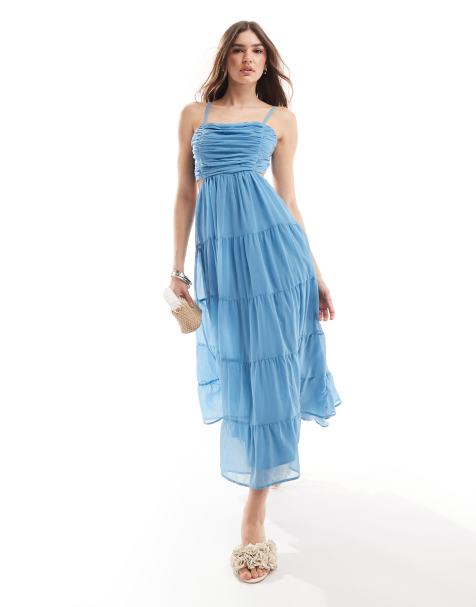 Anaya - Robe longueur mollet à fines bretelles, à volants et nouée dans le dos - Bleu - view 1