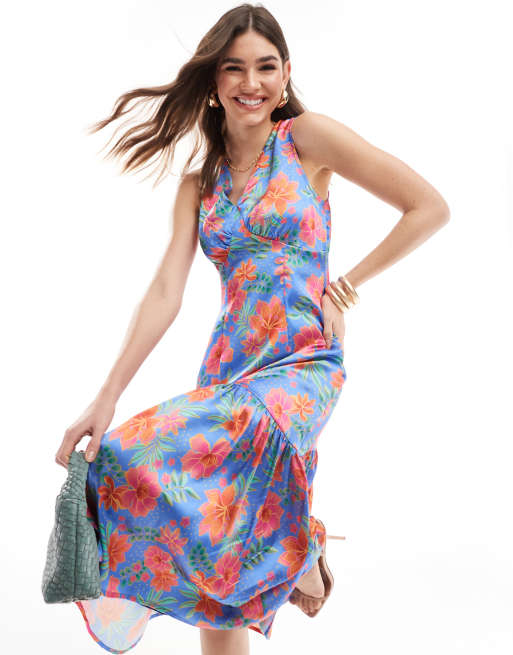 Anaya - Robe longueur mollet en satin nouée dans le dos - Bleu à fleurs tropicales