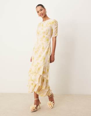 Anaya - Robe mi-longue à manches courtes froncées - Multicolore