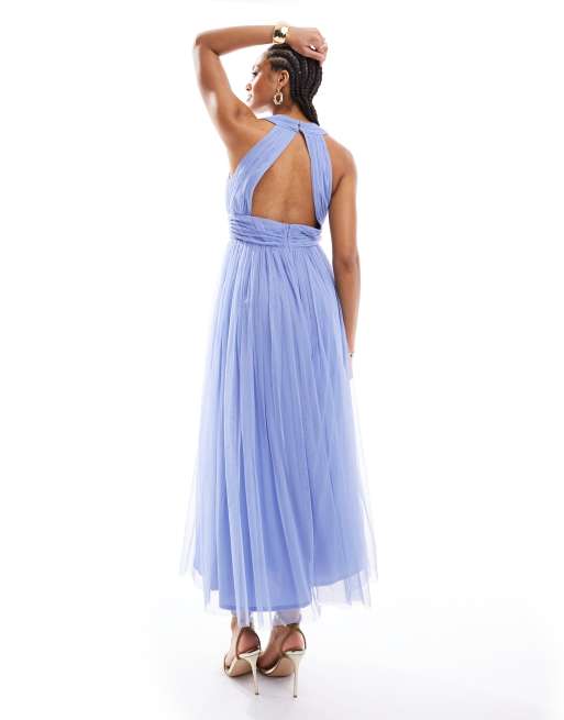 Anaya - Robe portefeuille longueur mollet à dos ouvert - Bleu doux