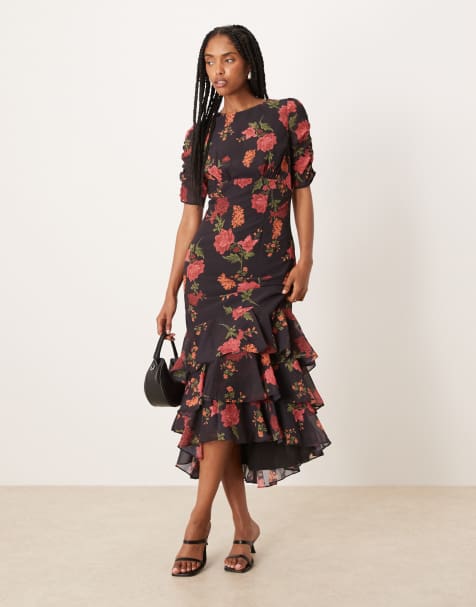 Anaya ruched sleeve midi dress in black floral print - view 1