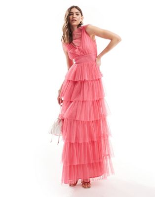 ruffle tiered maxi dress in hot pink