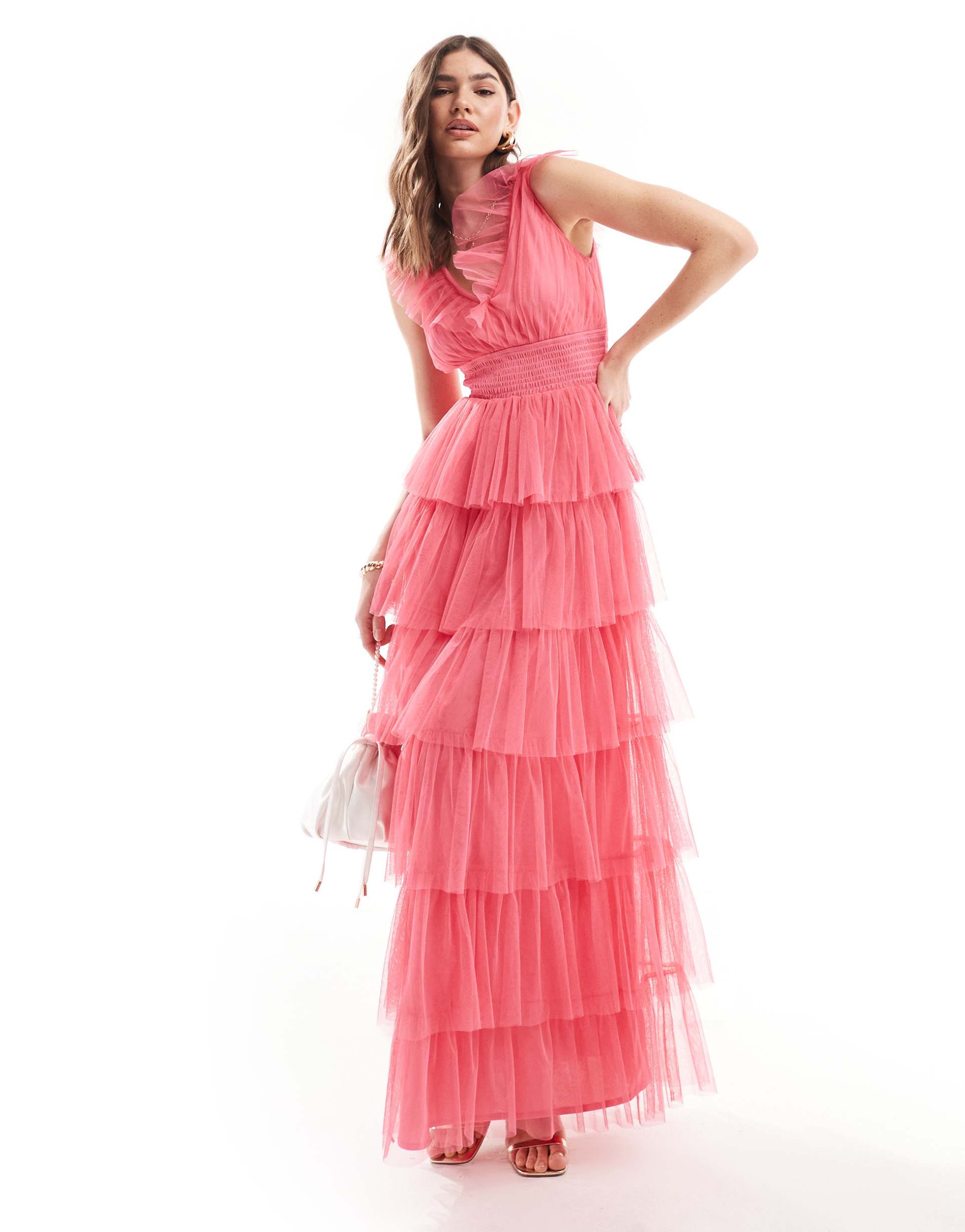 anaya ruffle tiered maxi dress in hot pink