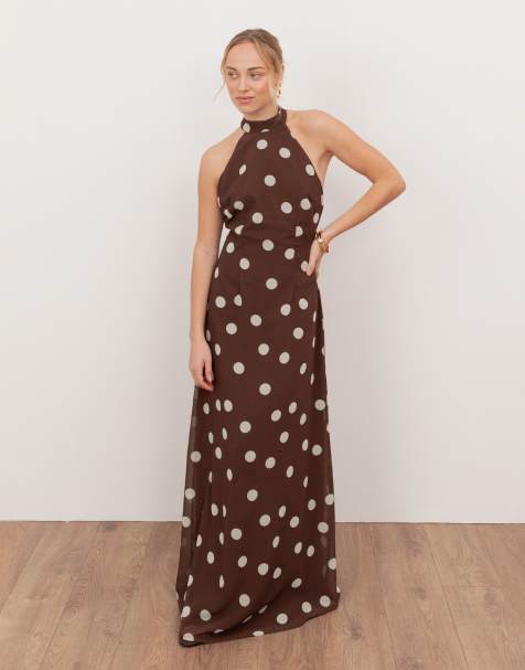 Anaya self-tie halter neck open back maxi dress in brown polka dot - view 1