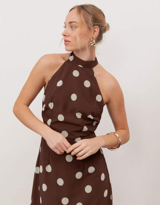 Anaya self-tie halter neck open back maxi dress in brown polka dot, 2 of 4