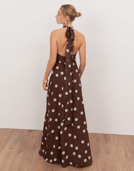 Anaya self-tie halter neck open back maxi dress in brown polka dot, 4 of 4