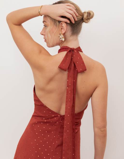 Anaya Self-tie halter neck open back maxi dress in chilli red, 3 of 4