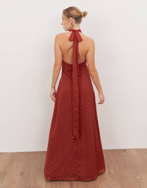 Anaya Self-tie halter neck open back maxi dress in chilli red, 4 of 4
