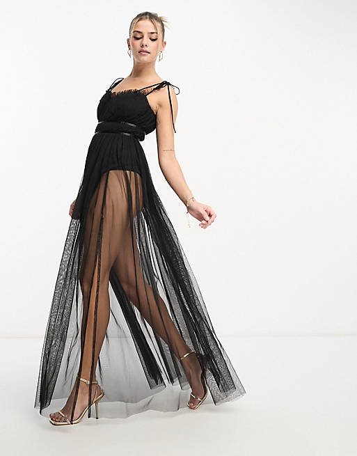 Anaya sheer maxi dress with bodysuit underlayer in black