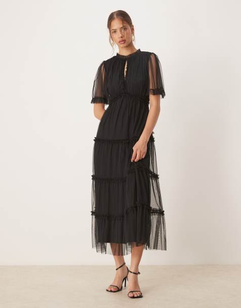 Anaya Short sleeve frill midaxi dress in black