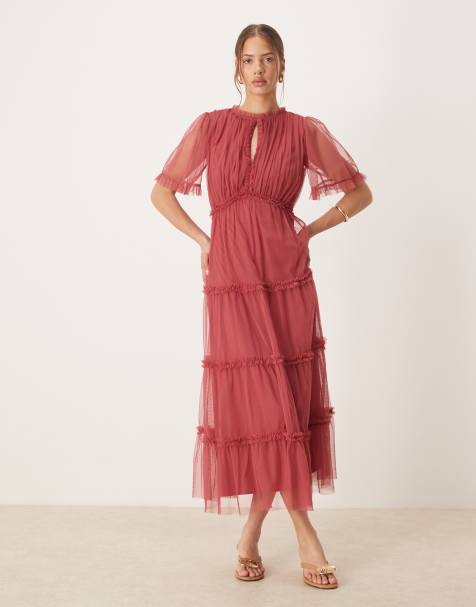 Anaya Short sleeve frill midaxi dress in garnet rose - view 1